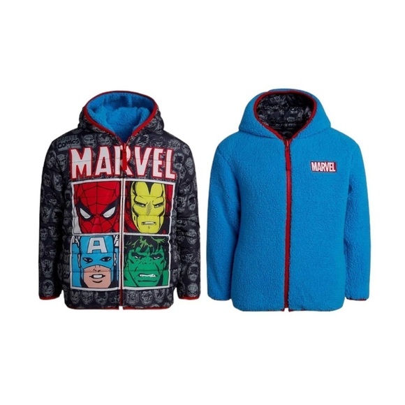 Marvel Avengers Boys Reversible Hooded Jacket 3T Dark Grey Blue - Picture 1 of 12
